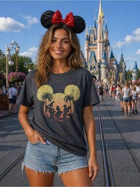 Women’s Charcoal Graphic Muscle Tee - Tropical Mickey Silhouette